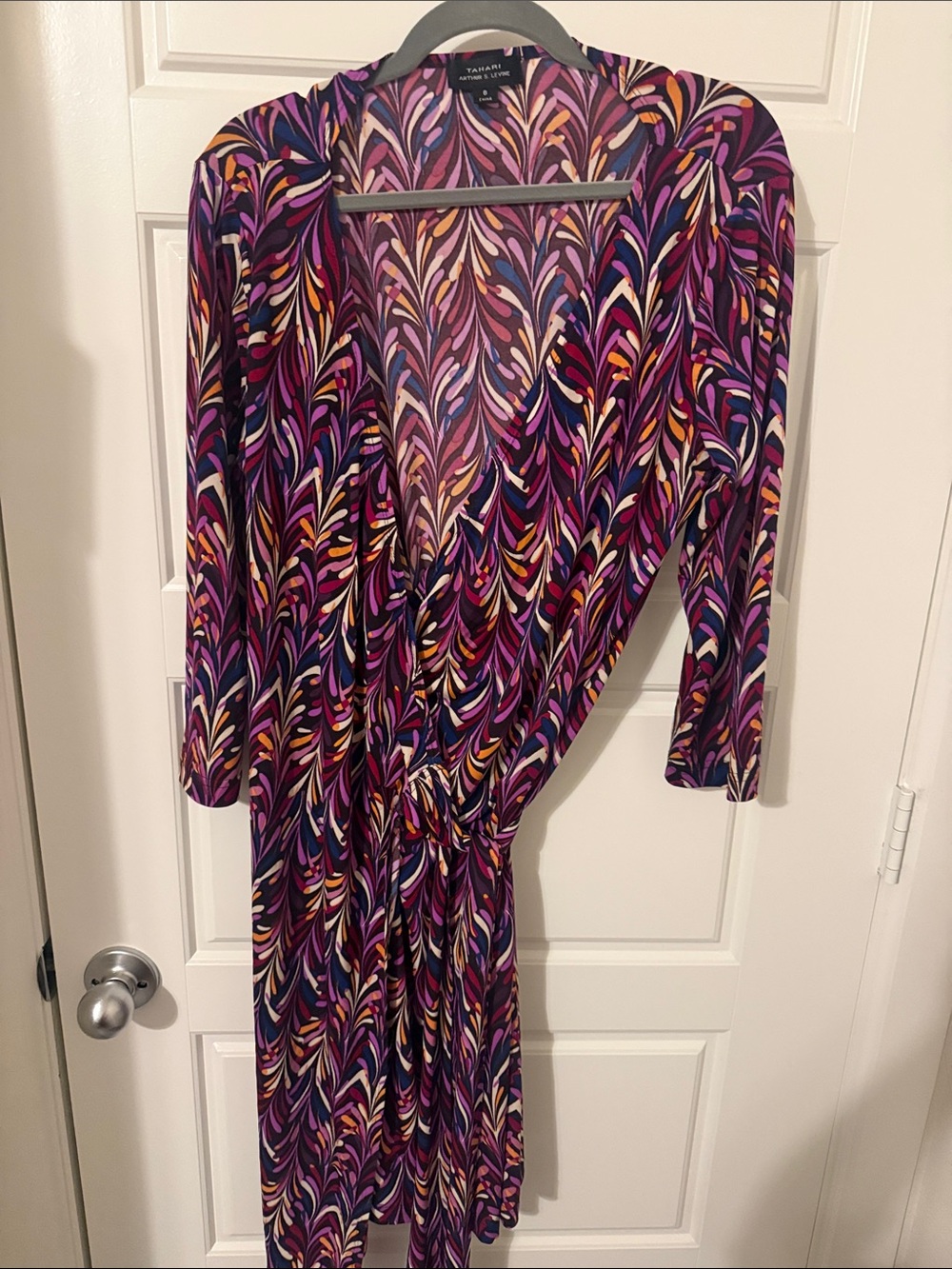 Tahari ASL Purple Multi-Pattern Wrap Dress